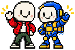 Two Solofett friends wave, one in a red jacket and green pants, the other in blue-and-gold mech armor.